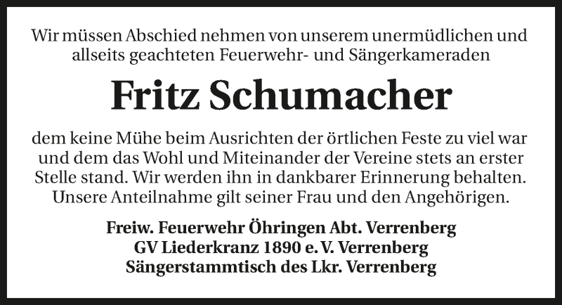  Traueranzeige für Fritz Schumacher vom 30.09.2016 aus 