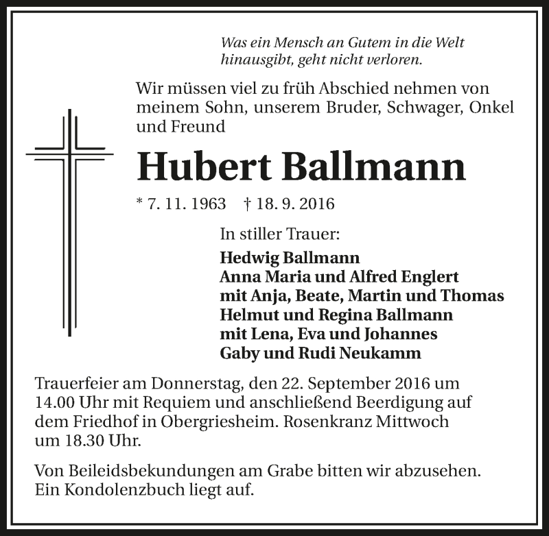  Traueranzeige für Hubert Ballmann vom 20.09.2016 aus 