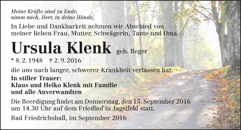  Traueranzeige für Ursula Klenk vom 12.09.2016 aus 