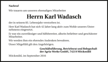 Traueranzeige von Karl Wadasch 