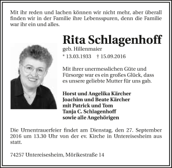 Traueranzeige von Rita Schlagenhoff 