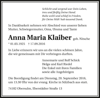 Traueranzeige von Anna Maria Klaiber 