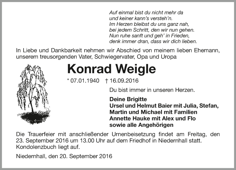  Traueranzeige für Konrad Waigle vom 20.09.2016 aus 