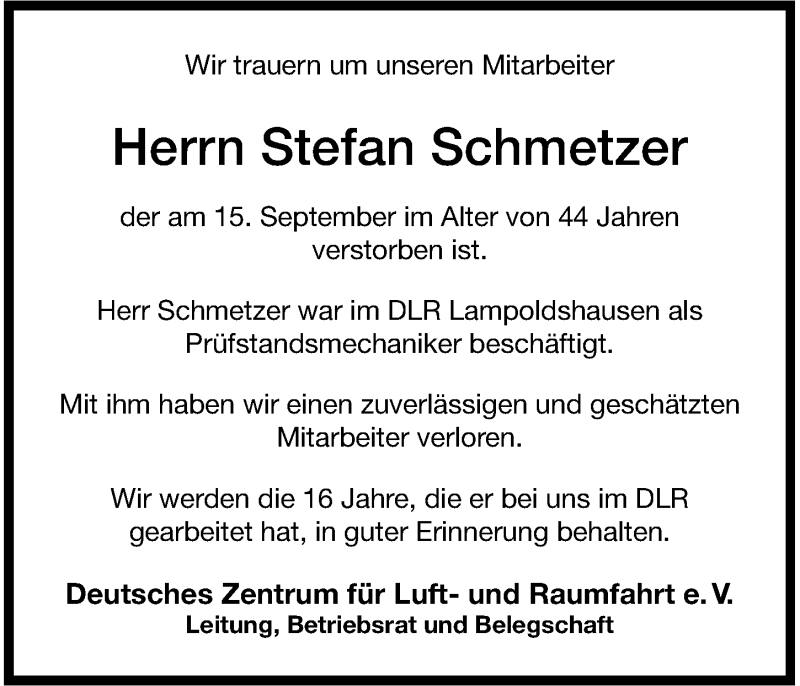  Traueranzeige für Stefan Schmetzer vom 21.09.2016 aus 