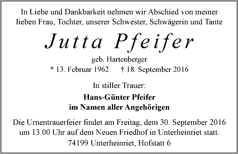  Traueranzeige für Jutta Pfeifer vom 24.09.2016 aus 