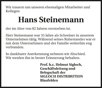 Traueranzeige von Hans Steinemann 