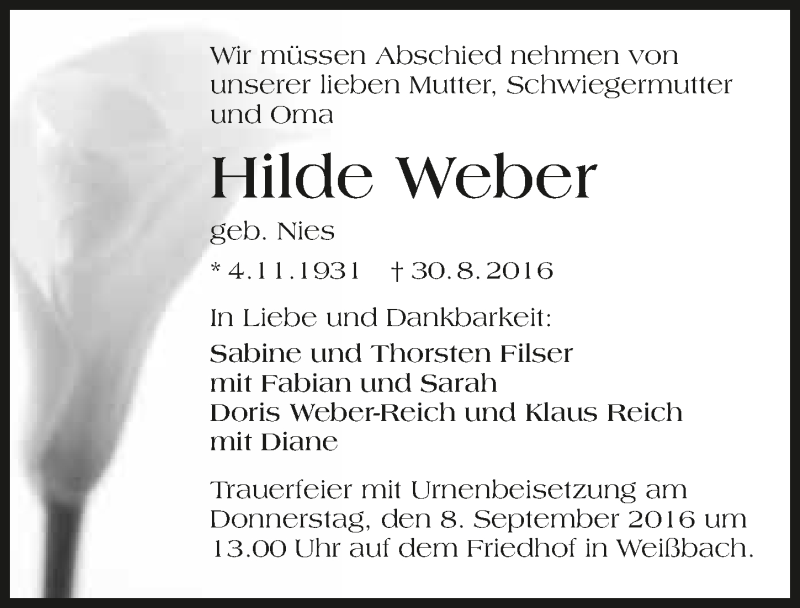  Traueranzeige für Hilde Weber vom 05.09.2016 aus 