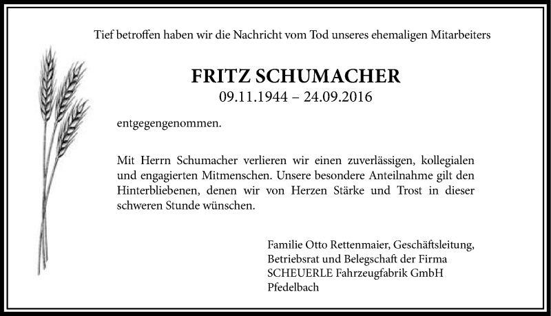  Traueranzeige für Fritz Schumacher vom 29.09.2016 aus 