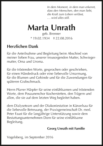 Traueranzeige von Marta Unrath 