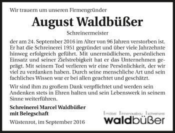 Traueranzeige von August Waldbüßer 