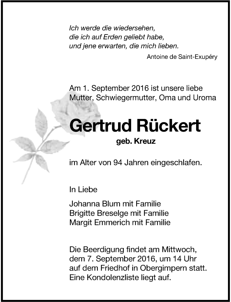  Traueranzeige für Gertrud Rückert vom 03.09.2016 aus 