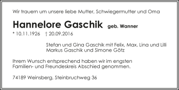 Traueranzeige von Hannelore Gaschik 