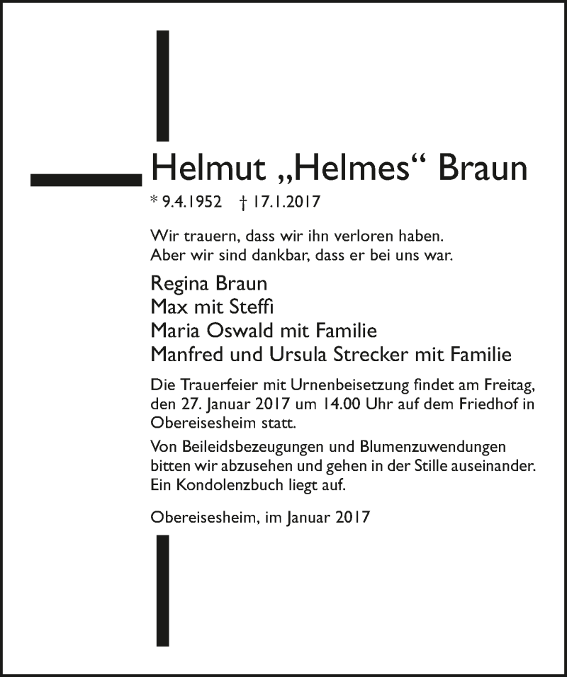  Traueranzeige für Helmut Braun vom 24.01.2017 aus 