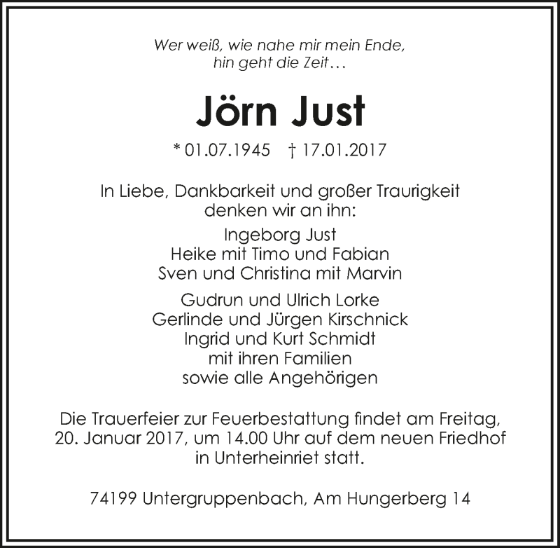  Traueranzeige für Jörn Just vom 20.01.2017 aus 
