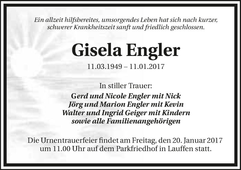  Traueranzeige für Gisela Engler vom 14.01.2017 aus 