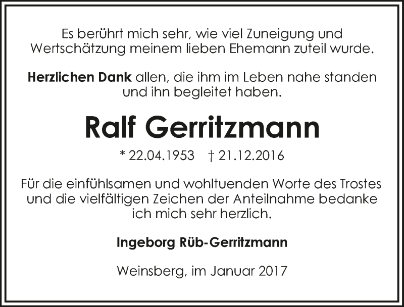  Traueranzeige für Ralf Gerritzmann vom 24.01.2017 aus 