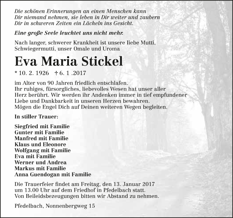  Traueranzeige für Eva Maria Stickel vom 11.01.2017 aus 