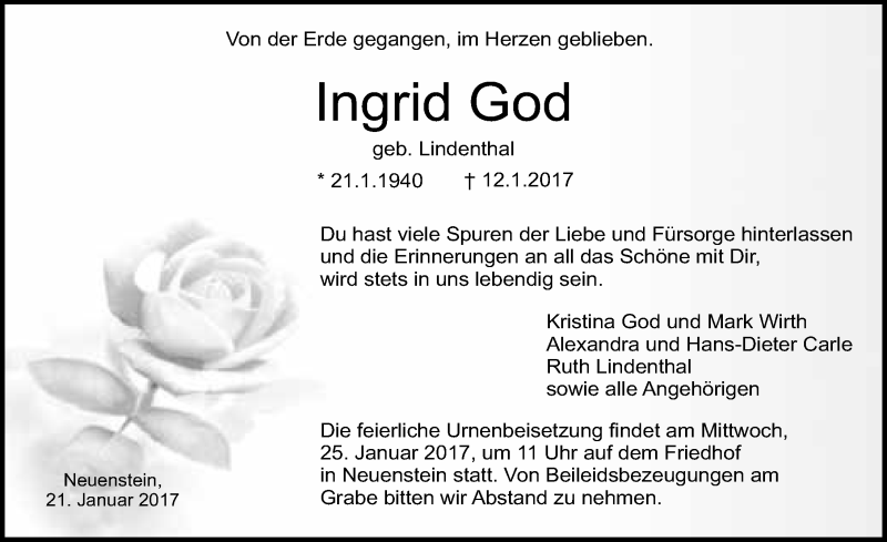  Traueranzeige für Ingrid God vom 21.01.2017 aus 