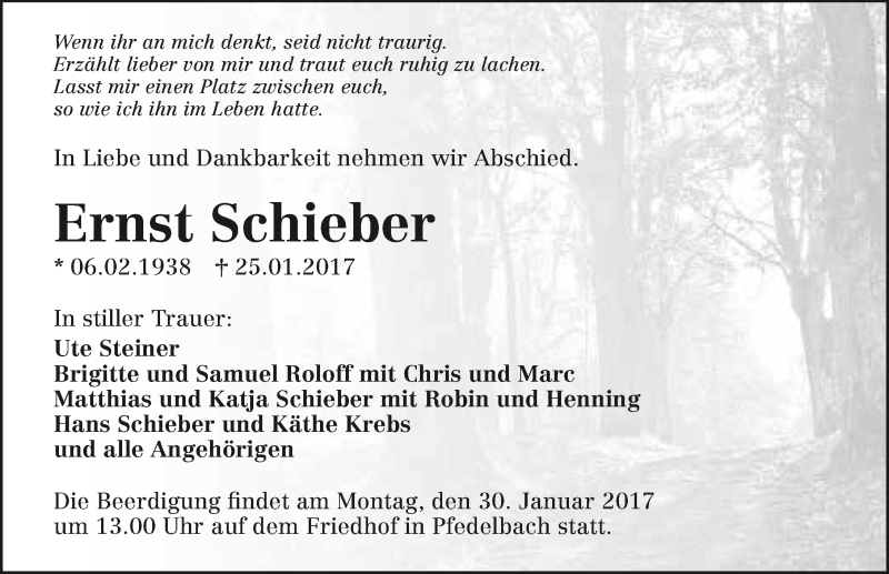  Traueranzeige für Ernst Schieber vom 26.01.2017 aus 