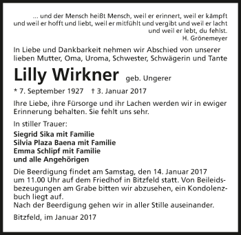 Traueranzeige von Lilly Wirkner 