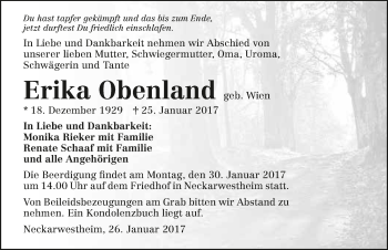Traueranzeige von Erika Obenland 