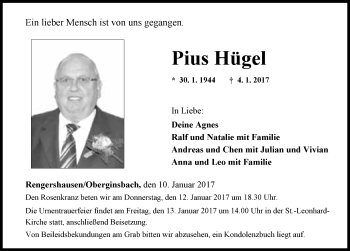 Traueranzeige von Pius Hügel 