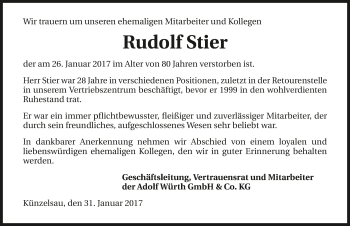 Traueranzeige von Rudolf Stier 
