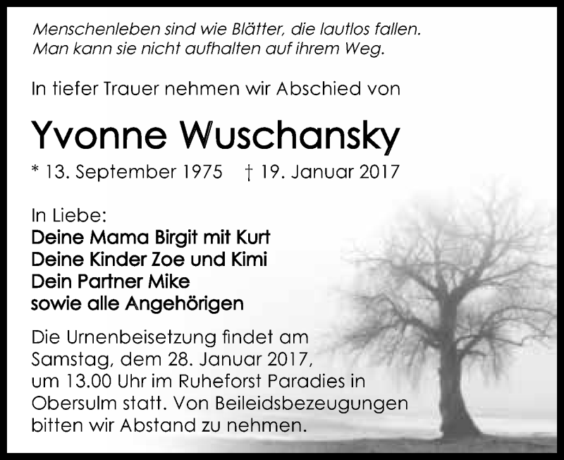  Traueranzeige für Yvonne Wuschansky vom 25.01.2017 aus 