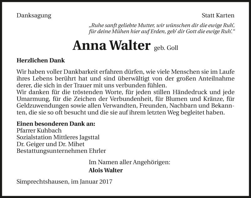  Traueranzeige für Anna Walter vom 21.01.2017 aus 