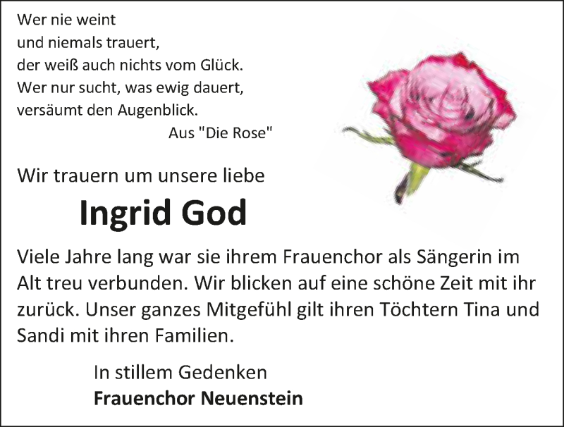  Traueranzeige für Ingrid God vom 23.01.2017 aus 