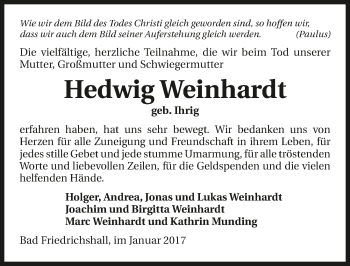 Traueranzeige von Hedwig Weinhardt 