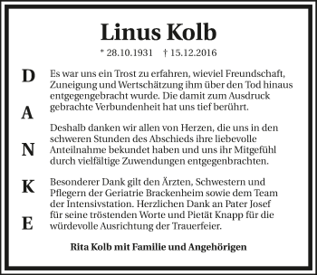 Traueranzeige von Linus Kolb 