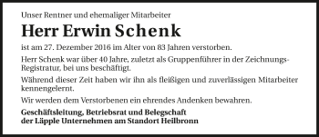 Traueranzeige von Erwin Schenk 