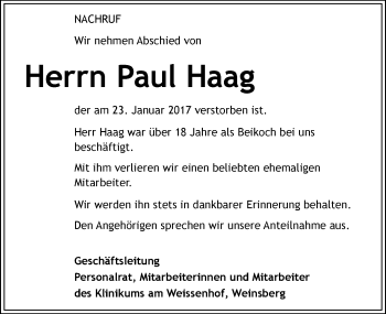 Traueranzeige von Paul Haag 