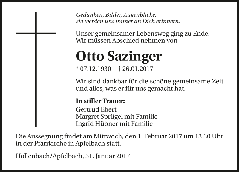  Traueranzeige für Otto Sazinger vom 31.01.2017 aus 