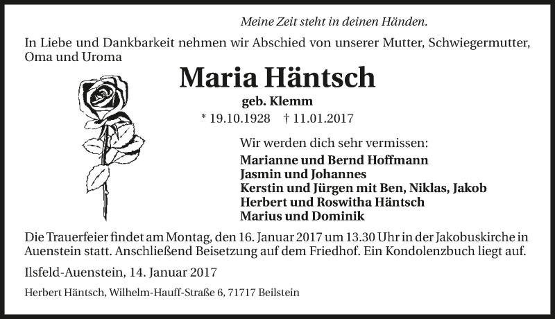  Traueranzeige für Maria Häntsch vom 14.01.2017 aus 