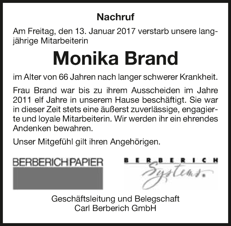  Traueranzeige für Monika Brand vom 19.01.2017 aus 