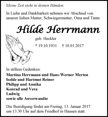 Traueranzeige von Hilde Herrmann 