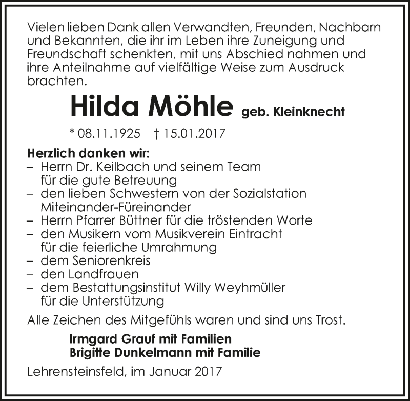  Traueranzeige für Hilda Möhle vom 28.01.2017 aus 