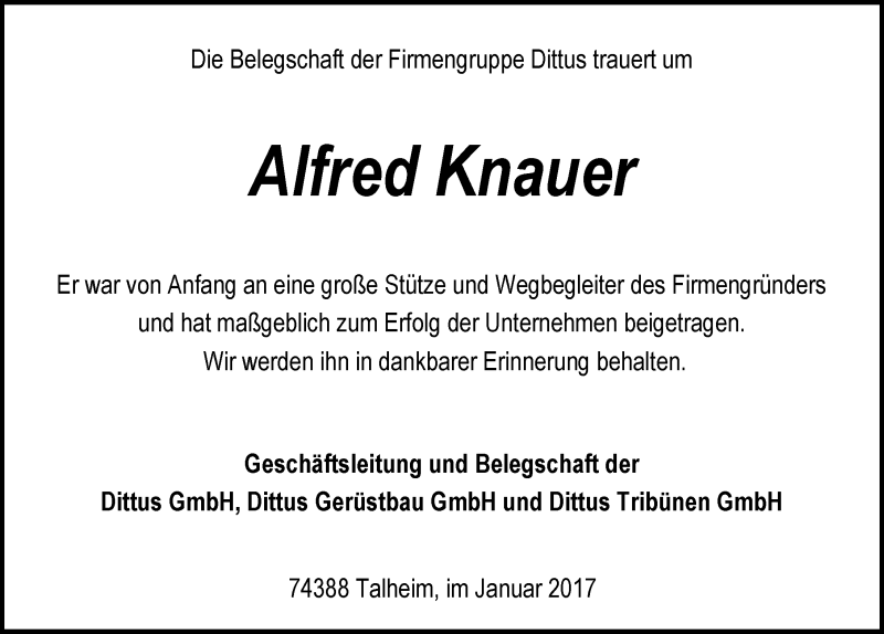  Traueranzeige für Alfred Knauer vom 24.01.2017 aus 