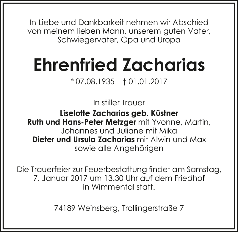 Traueranzeige für Ehrenfried Zacharias vom 03.01.2017 aus 