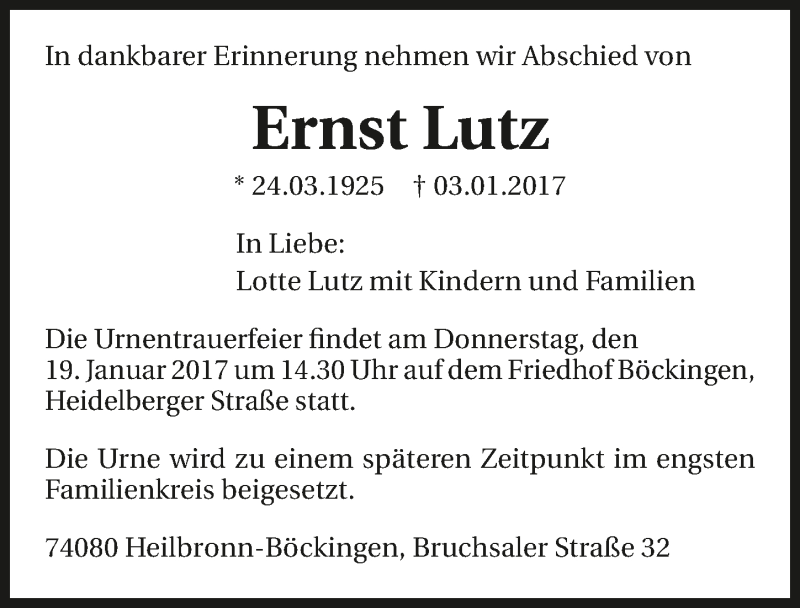  Traueranzeige für Ernst Lutz vom 14.01.2017 aus 