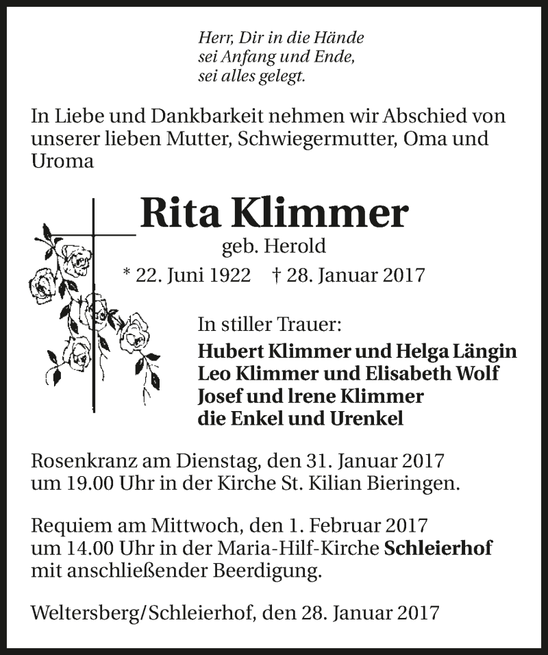  Traueranzeige für Rita Klimmer vom 30.01.2017 aus 