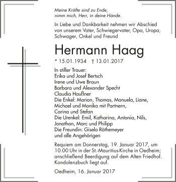 Traueranzeige von Hermann Haag 