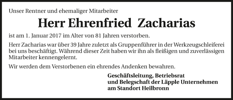  Traueranzeige für Ehrenfried Zacharias vom 11.01.2017 aus 