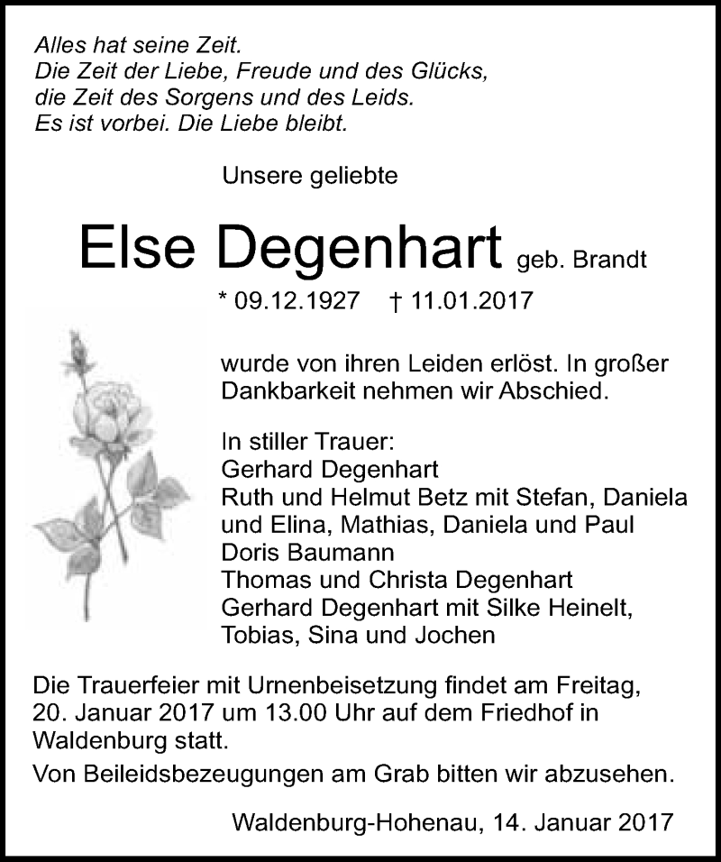  Traueranzeige für Else Degenhart vom 14.01.2017 aus 