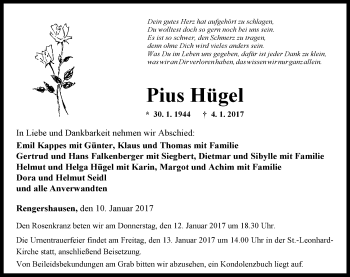 Traueranzeige von Pius Hügel 