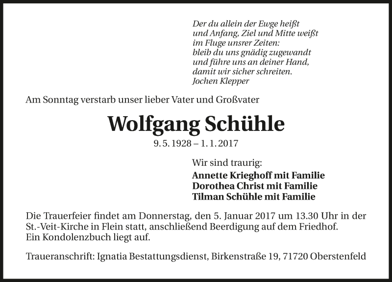  Traueranzeige für Wolfgang Schühle vom 03.01.2017 aus 