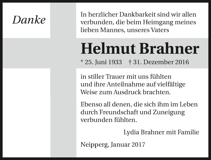  Traueranzeige für Helmut Brahner vom 21.01.2017 aus 