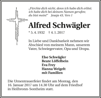 Traueranzeige von Alfred Schwägler 